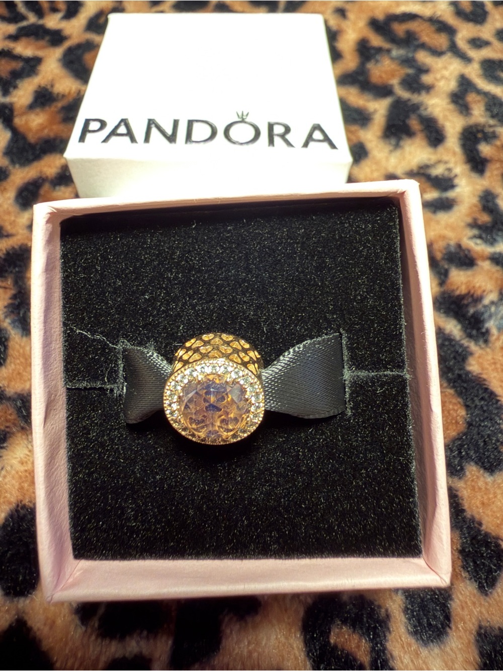 Pandora Gold Charm with Pale Pink Crystal Center and Clear Pavé